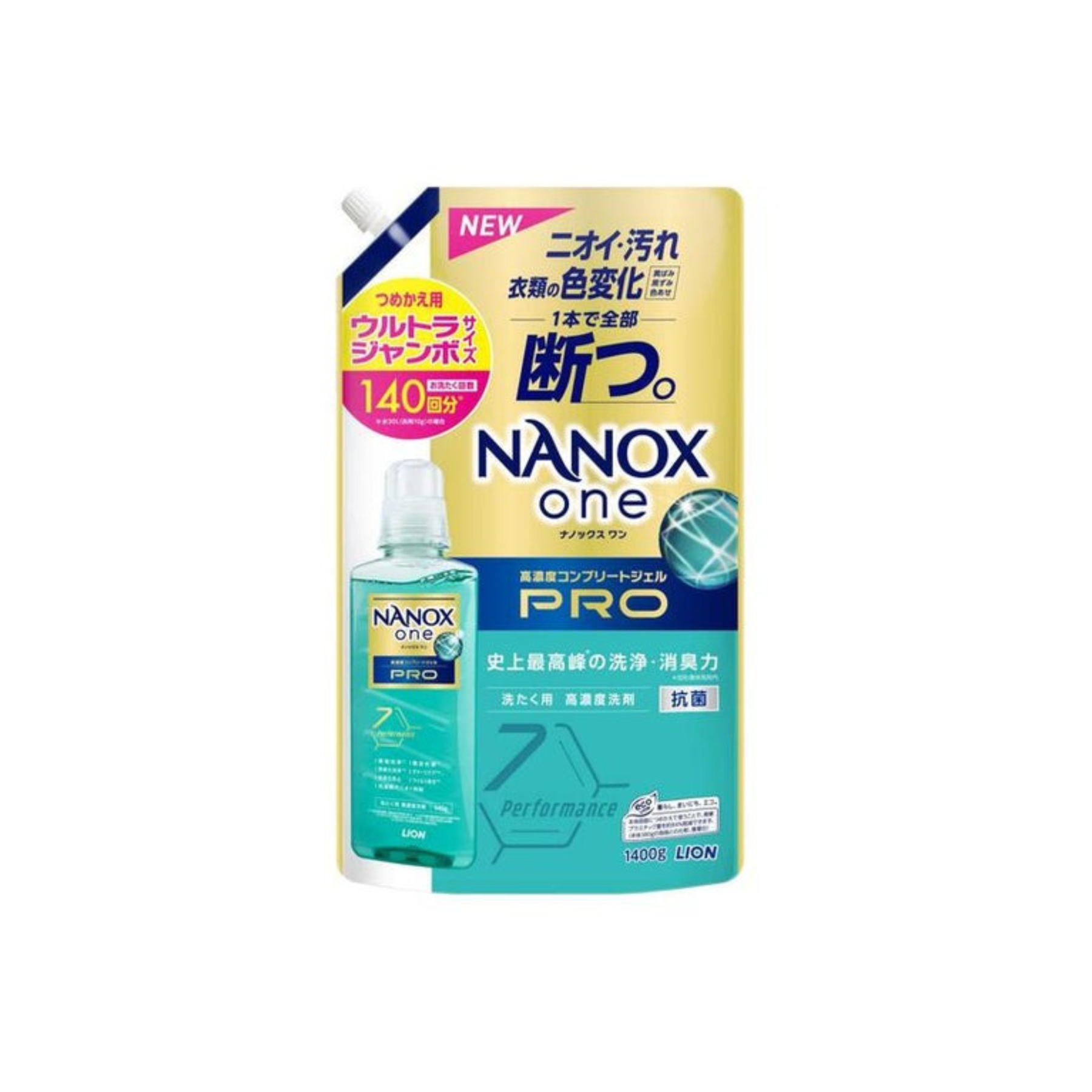 獅王-*[綠-消臭+洗淨]Nanox One 納米樂濃縮抗菌洗衣液 補充裝 1400g (4903301350811)[平行進口]