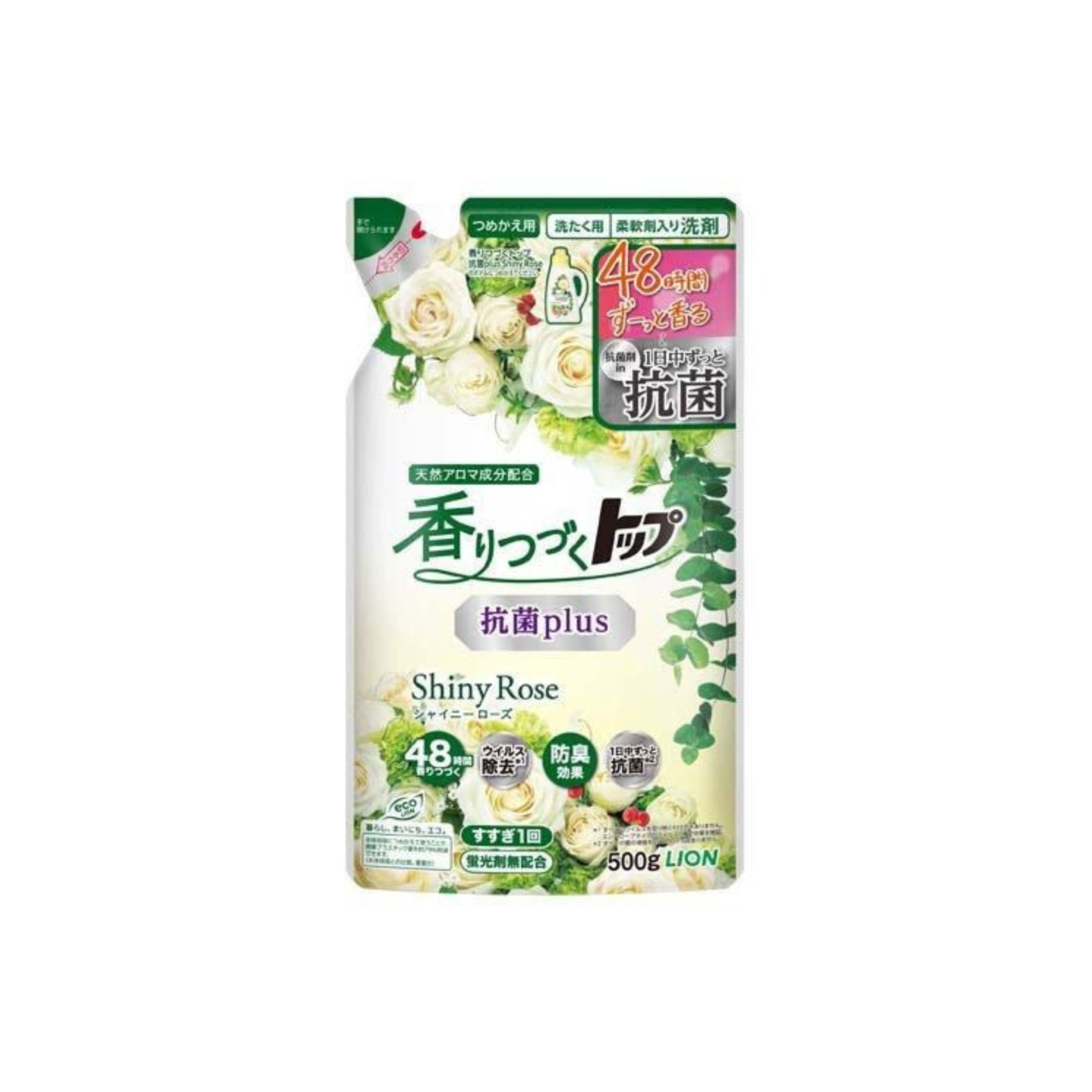 獅王-*[玫瑰芳香]持久 抗菌PLUS 洗衣液  補充裝500g(4903301355717)[平行進口]