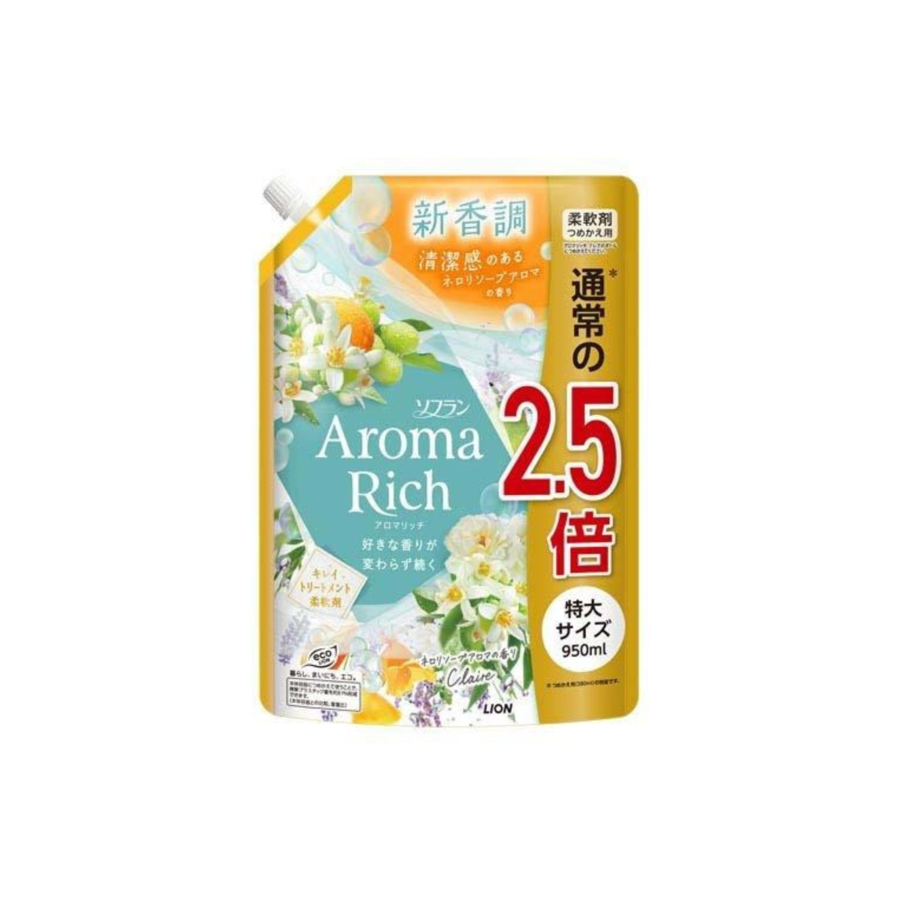 獅王-*[橙花皂香] Amora Rich 柔順劑補充裝 950ml (4903301367000)[平行進口]