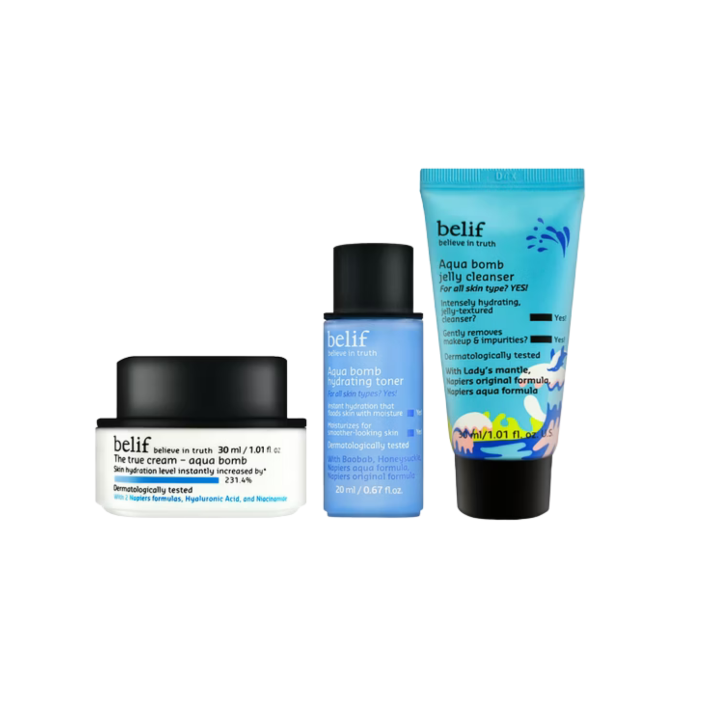 belif-*Aqua Bomb斗篷草注水三件套 啫喱炸彈霜 30ml 洗面30 ml 爽膚水 20ml(8809949511309) [平行進口]