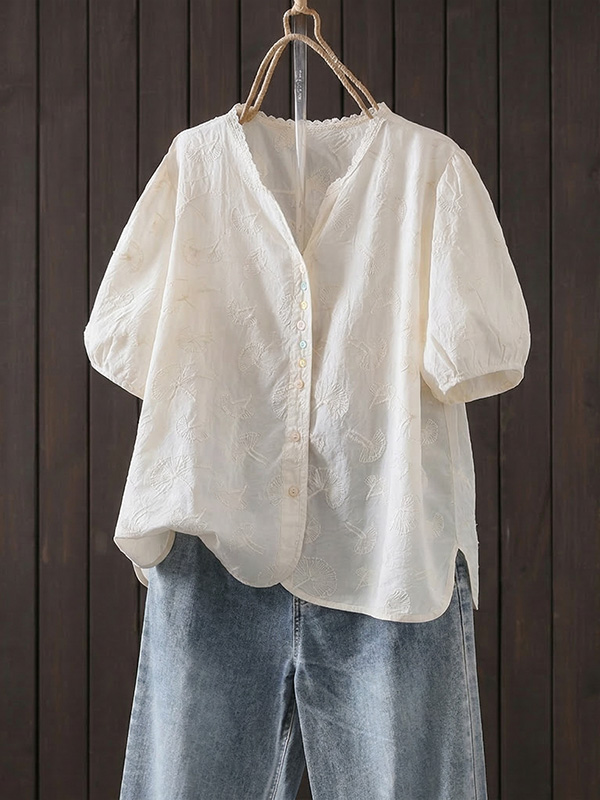 レディースVネック刺繍入りコットン半袖シャツ