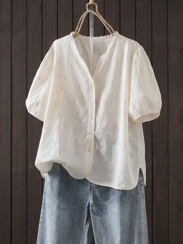 レディースVネック刺繍入りコットン半袖シャツ