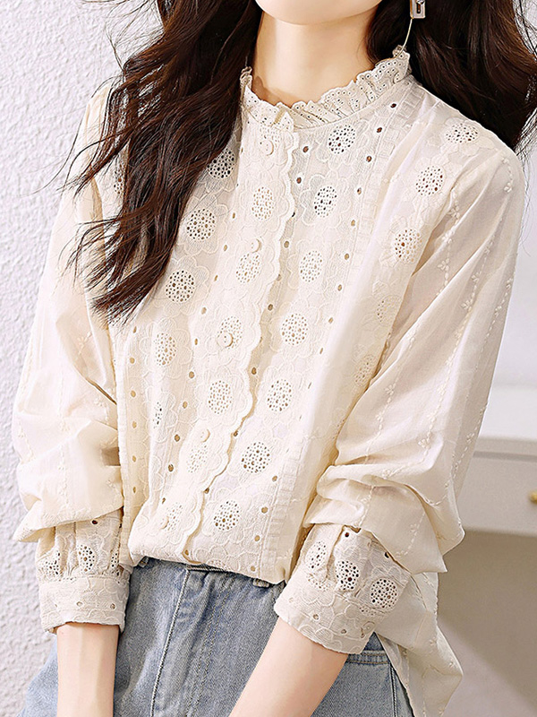 レースフリルスタンドカラー刺繍入りコットン長袖ブラウス