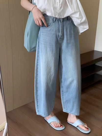 「身長147cm以上向け」小柄さん向けハイウエストゆったりデニムバナナパンツ