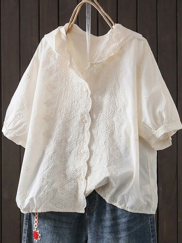 カジュアルなシングルブレスト刺繍入りフード付きコットン半袖シャツ