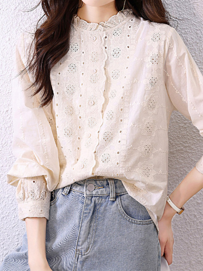 レースフリルスタンドカラー刺繍入りコットン長袖ブラウス