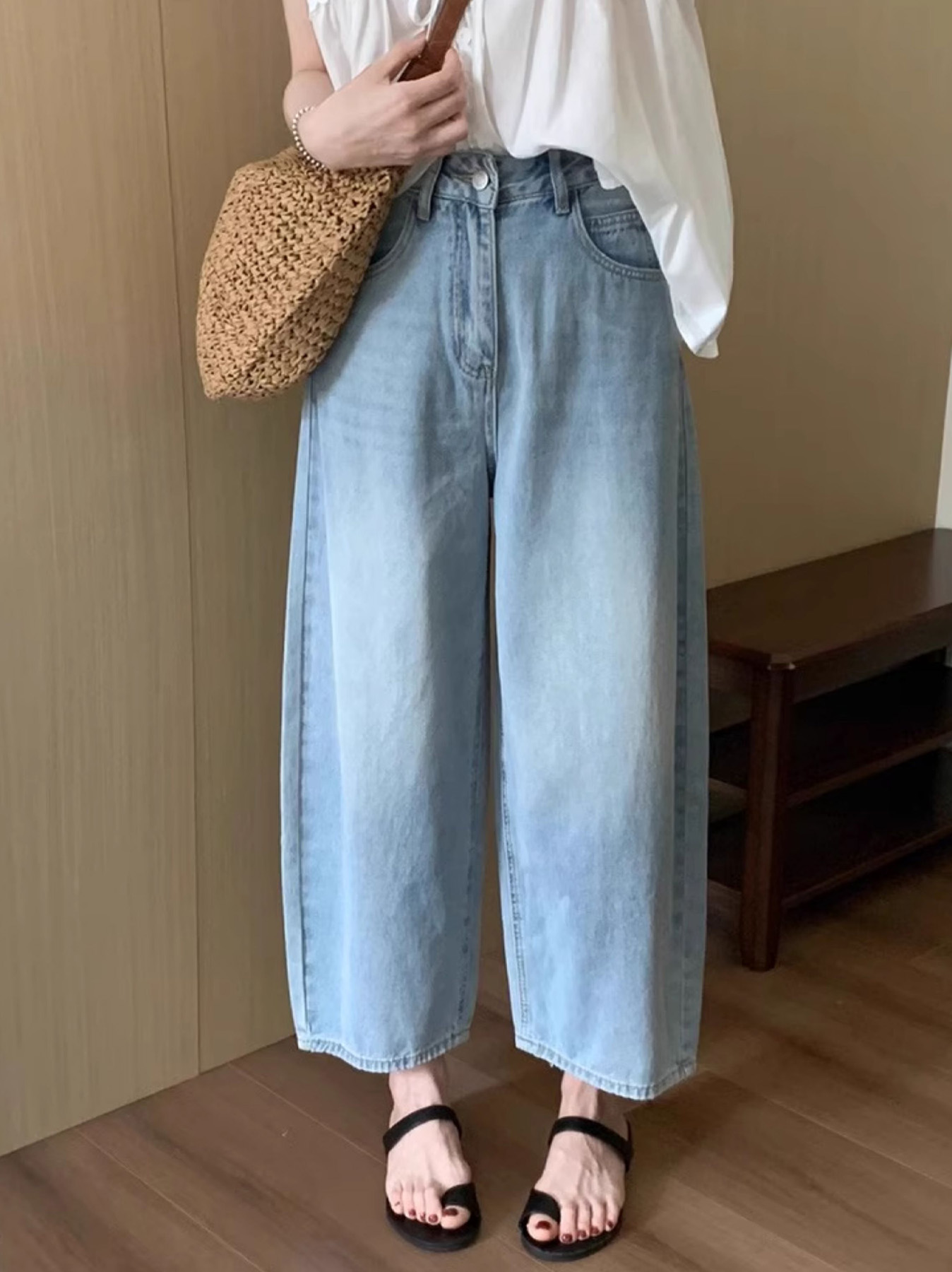 「身長147cm以上向け」小柄さん向けハイウエストゆったりデニムバナナパンツ
