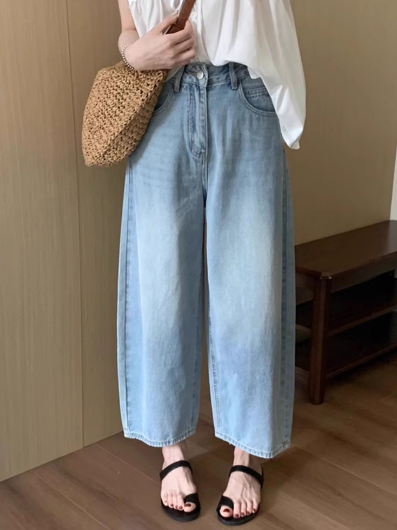 「身長147cm以上向け」小柄さん向けハイウエストゆったりデニムバナナパンツ