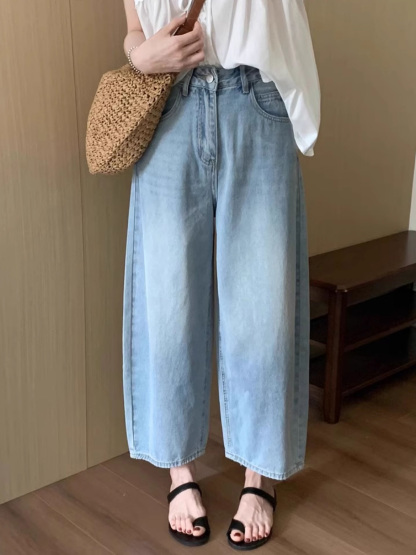 「身長147cm以上向け」小柄さん向けハイウエストゆったりデニムバナナパンツ