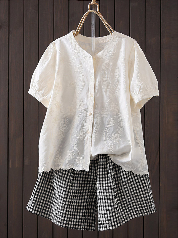 レトロ風細見えシングルブレスト刺繍入りコットン半袖シャツ 