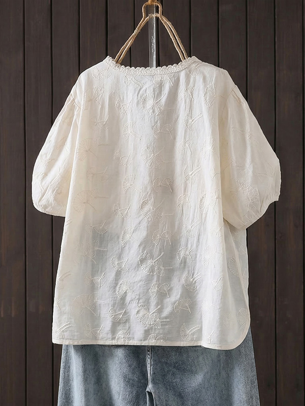 レディースVネック刺繍入りコットン半袖シャツ