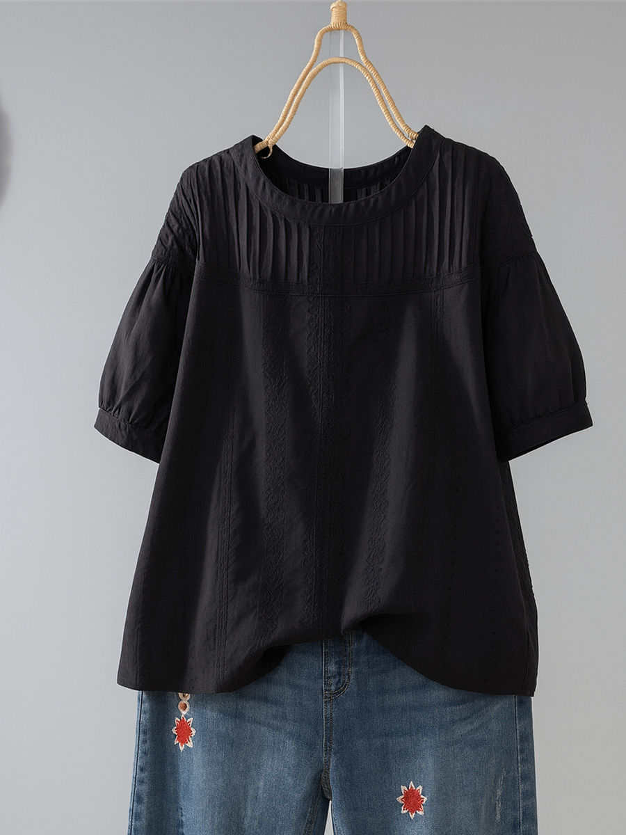 スタンドカラー無地刺繍コットンシャツ-Sodemai