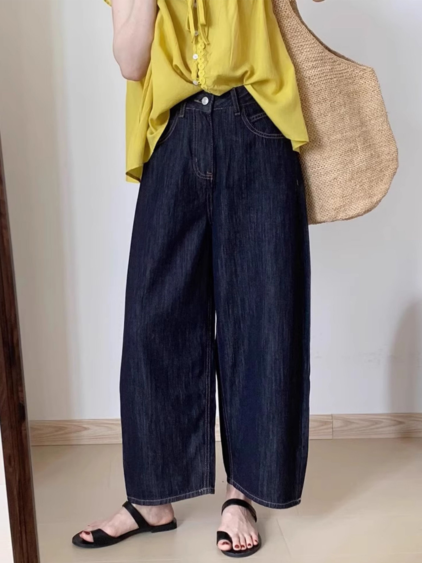 「身長147cm以上向け」小柄さん向けハイウエストゆったりデニムバナナパンツ