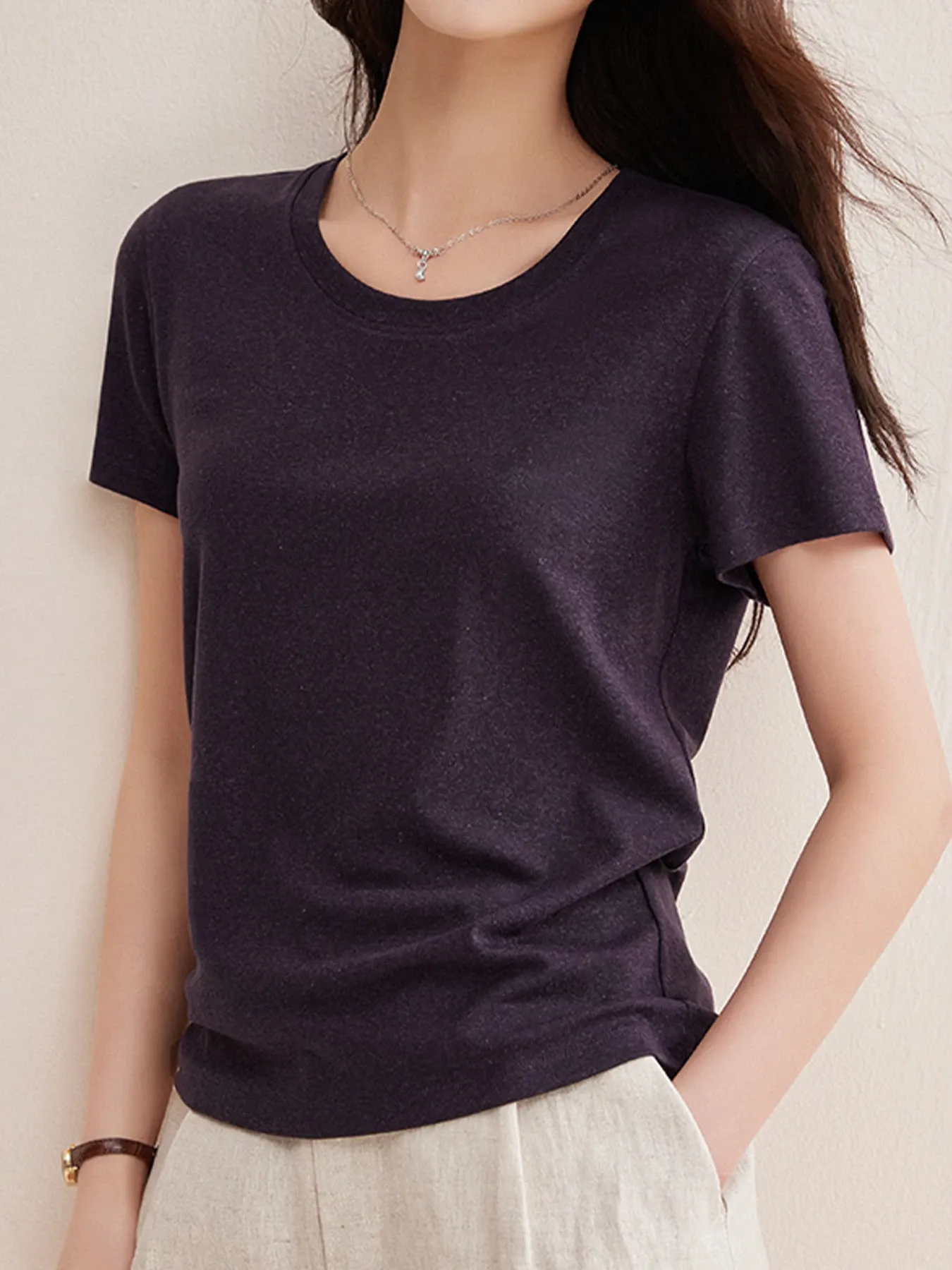 リヨセル×リネン素材すっきり見え半袖Tシャツ