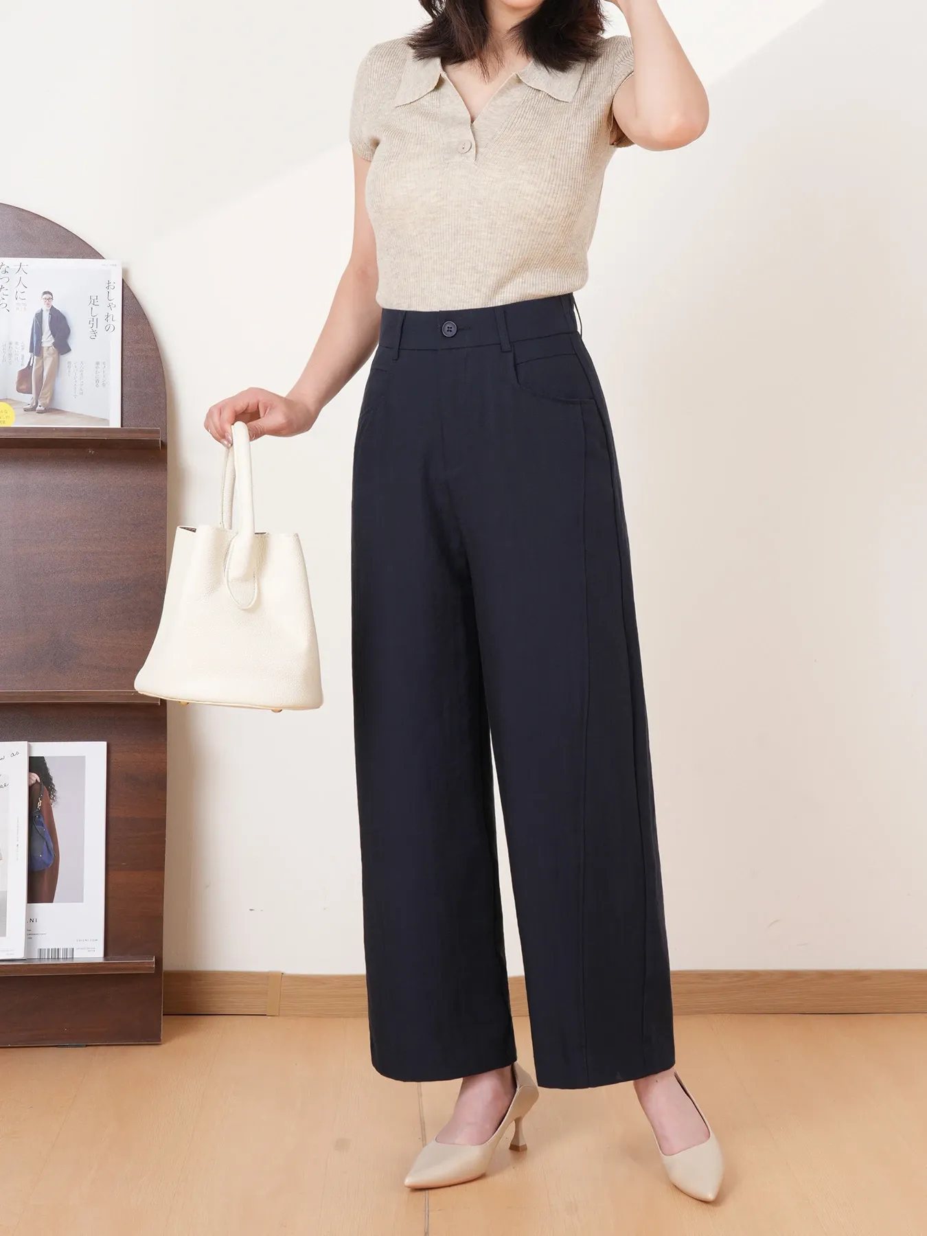 「身長148cm以上向け」ゆったり落ち感のあるシングルボタン付きすっきり見え冷感パンツ