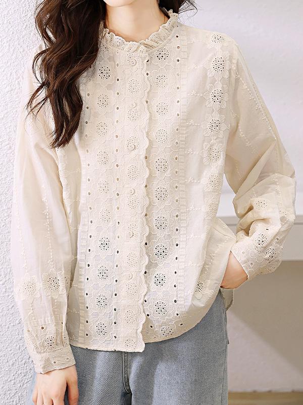 レースフリルスタンドカラー刺繍入りコットン長袖ブラウス