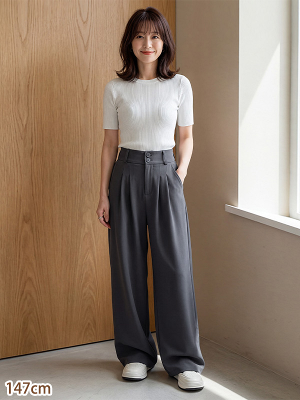「身長150～156cm向け」新作落ち感のある細見えカジュアルハイウエストワイドパンツ