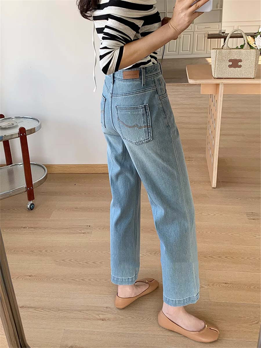 「身長149cm向け」春秋向けゆったりハイウエストフレアストレッチデニムパンツ-Sodemai