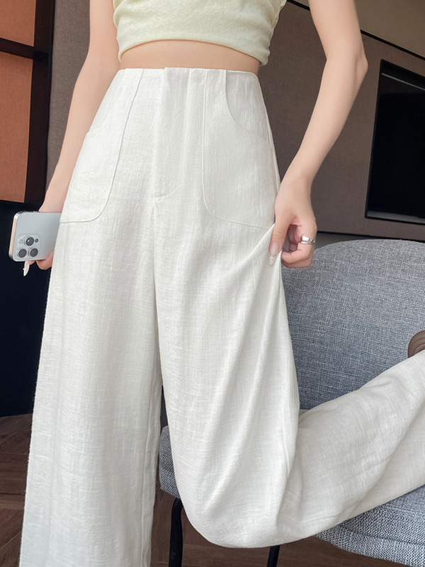 ハイウエスト薄手落ち感のあるカジュアルなストレートシルエットワイドパンツ