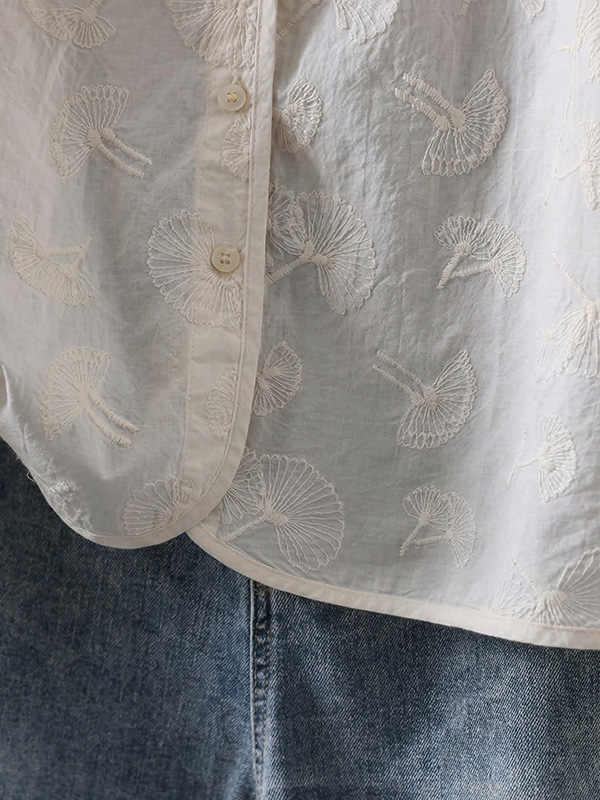 レディースVネック刺繍入りコットン半袖シャツ