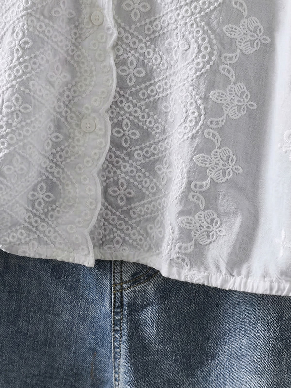 カジュアルなシングルブレスト刺繍入りフード付きコットン半袖シャツ
