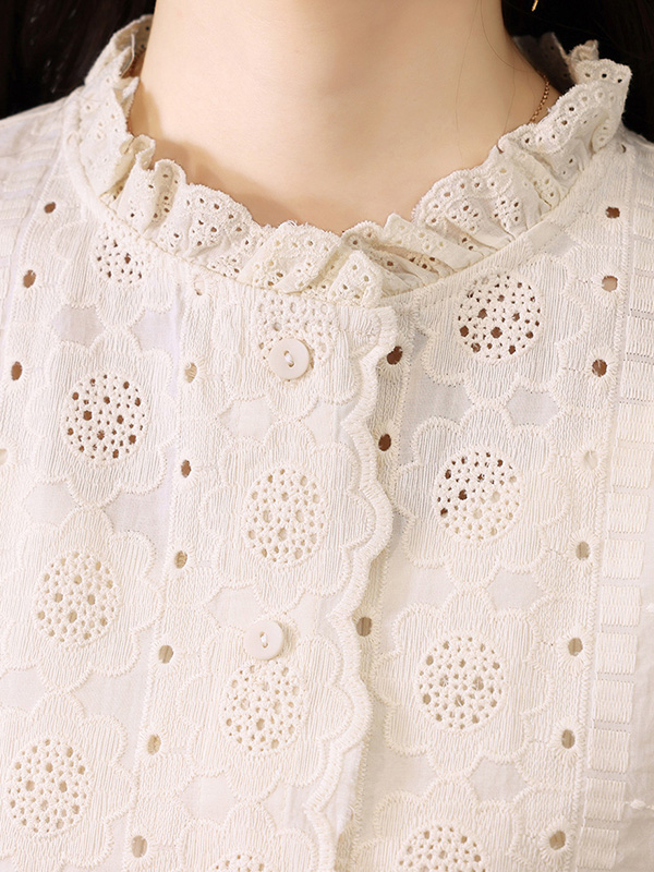 レースフリルスタンドカラー刺繍入りコットン長袖ブラウス