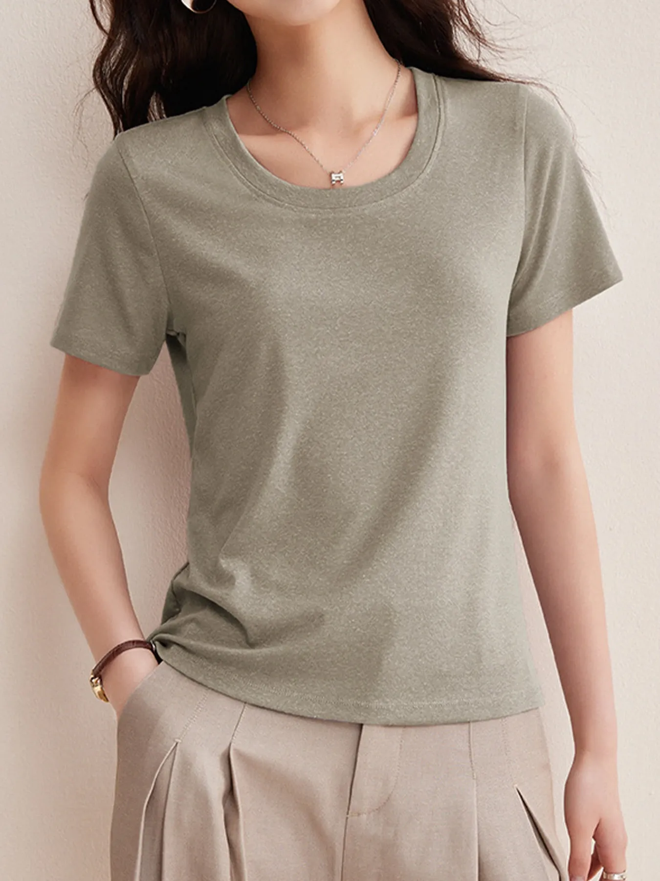 リヨセル×リネン素材すっきり見え半袖Tシャツ