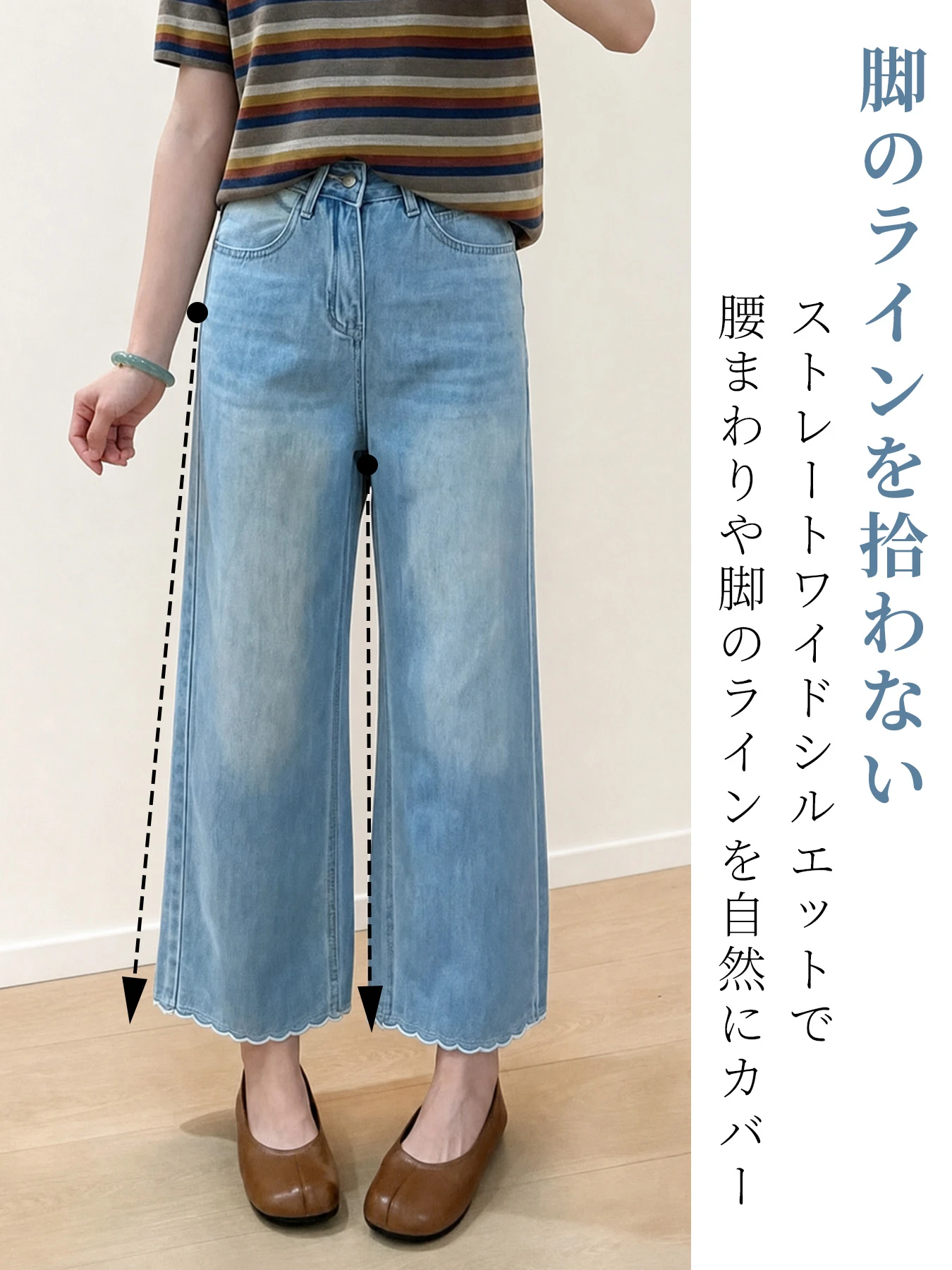 「身長150cm以上向け」ハイウエストすっきり見えフリルヘムストレートデニムパンツ