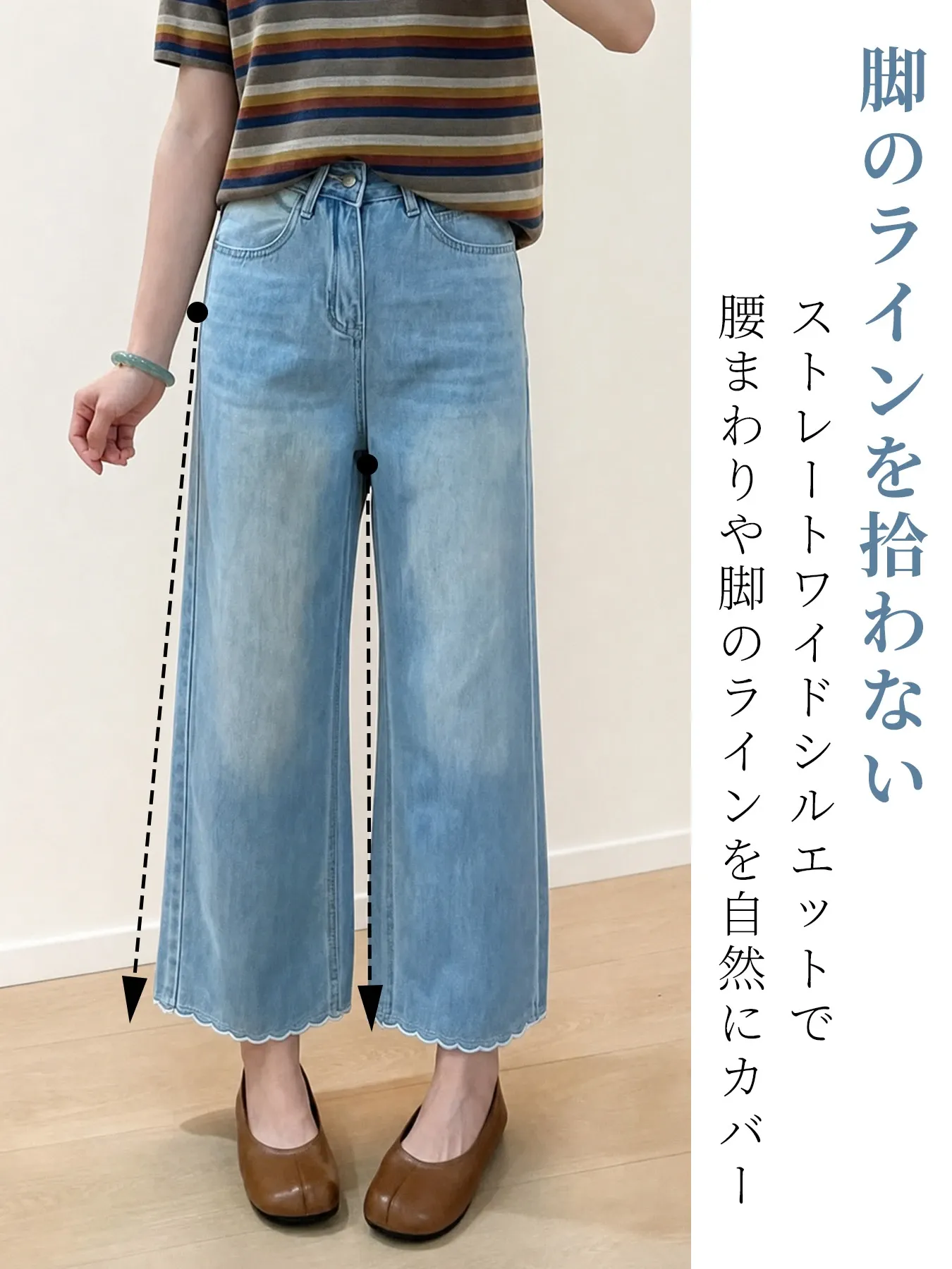「身長150cm以上向け」ハイウエストすっきり見えフリルヘムストレートデニムパンツ