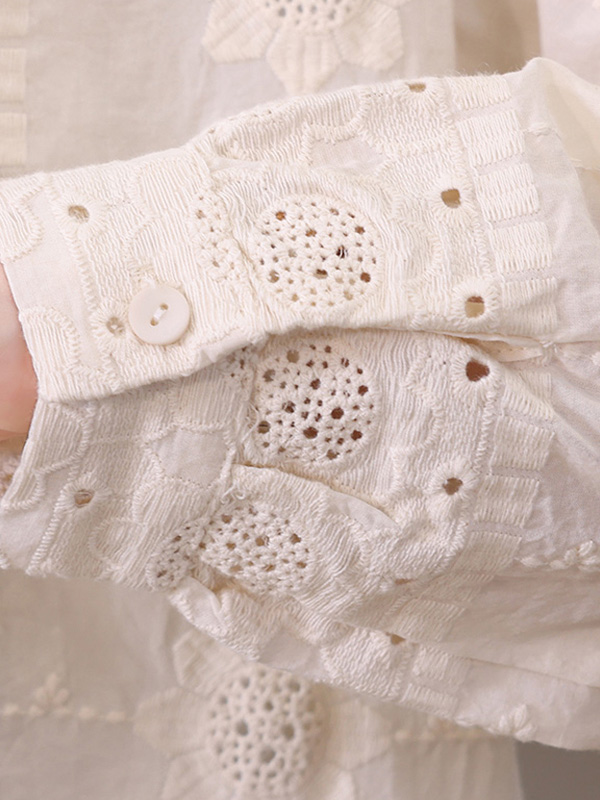 レースフリルスタンドカラー刺繍入りコットン長袖ブラウス