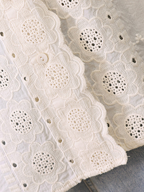 レースフリルスタンドカラー刺繍入りコットン長袖ブラウス