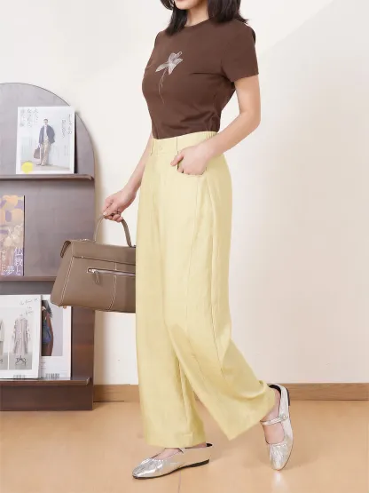 ゆったり落ち感のあるシングルボタン付きすっきり見え冷感パンツ