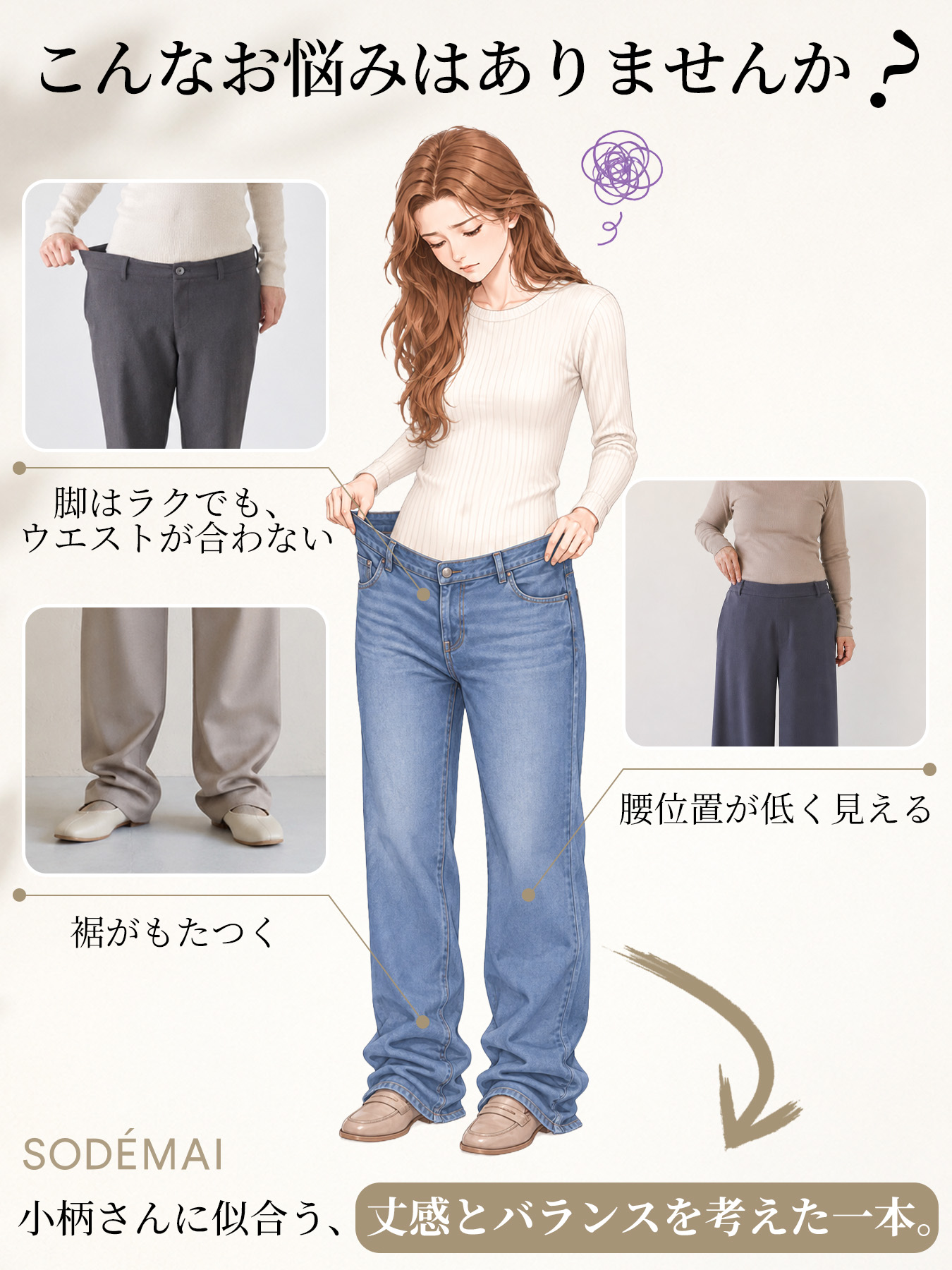 「身長147cm以上向け」小柄さん向けハイウエストゆったりデニムバナナパンツ