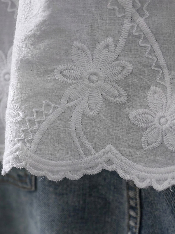 レトロ風細見えシングルブレスト刺繍入りコットン半袖シャツ 