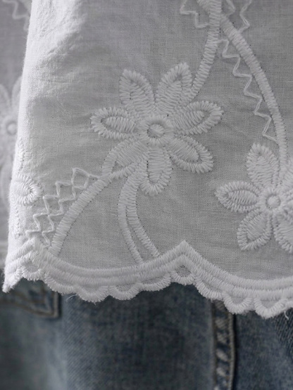レトロ風細見えシングルブレスト刺繍入りコットン半袖シャツ 