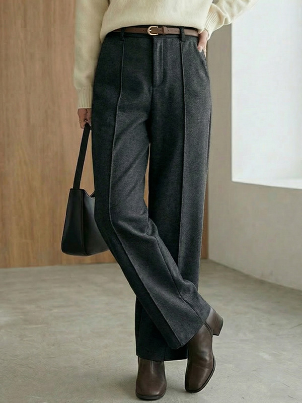 「身長153cm向け」冬用厚手ウール混あったかストレートパンツ