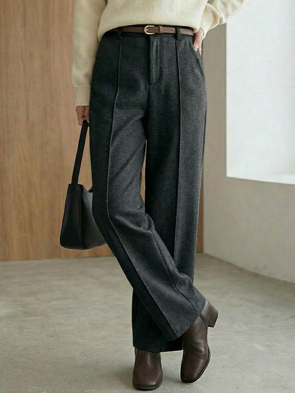 「身長153cm向け」冬用厚手ウール混あったかストレートパンツ