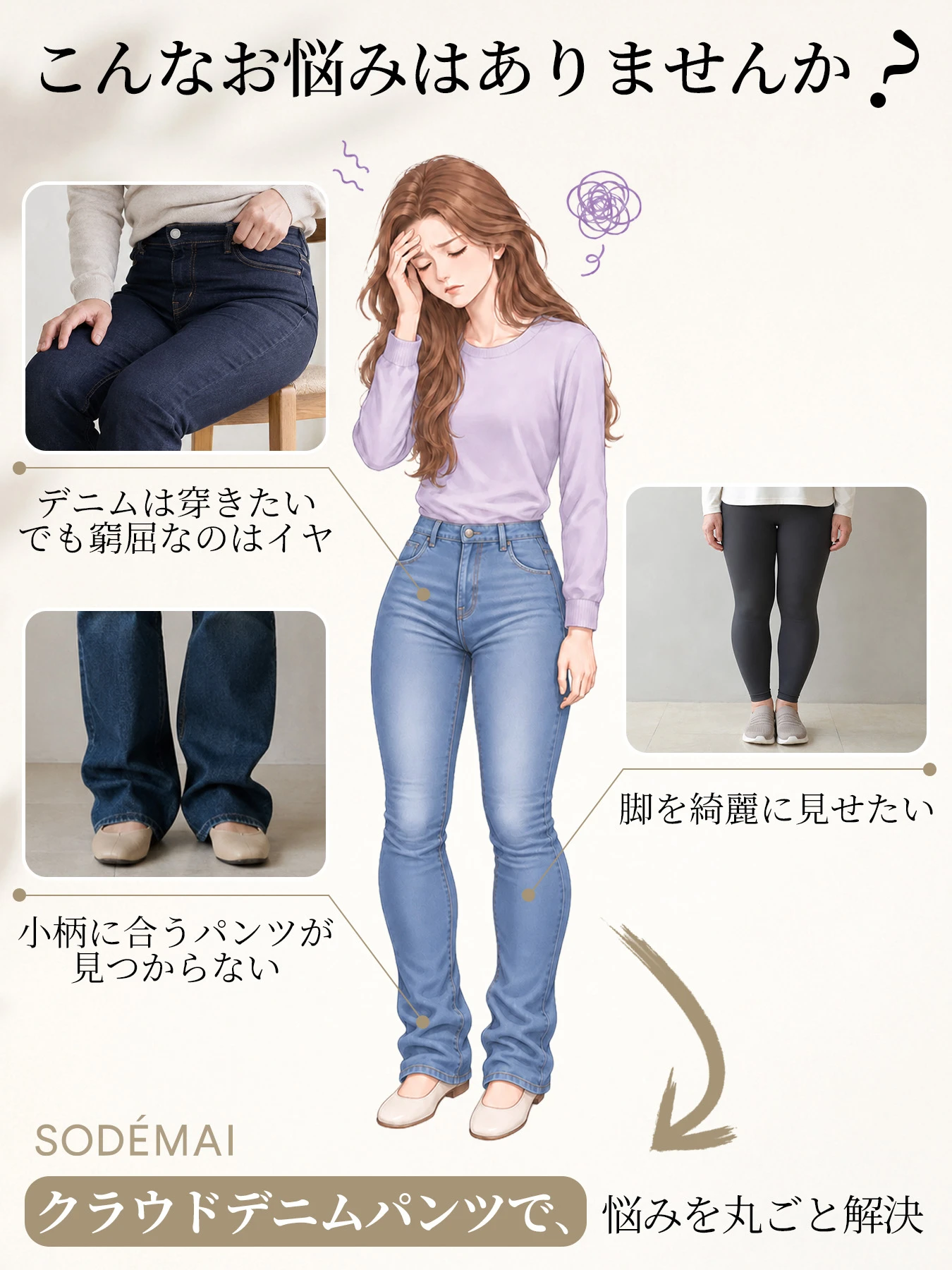 「身長150cm以上向け」ゆったりカジュアルなワイドデニムパンツ