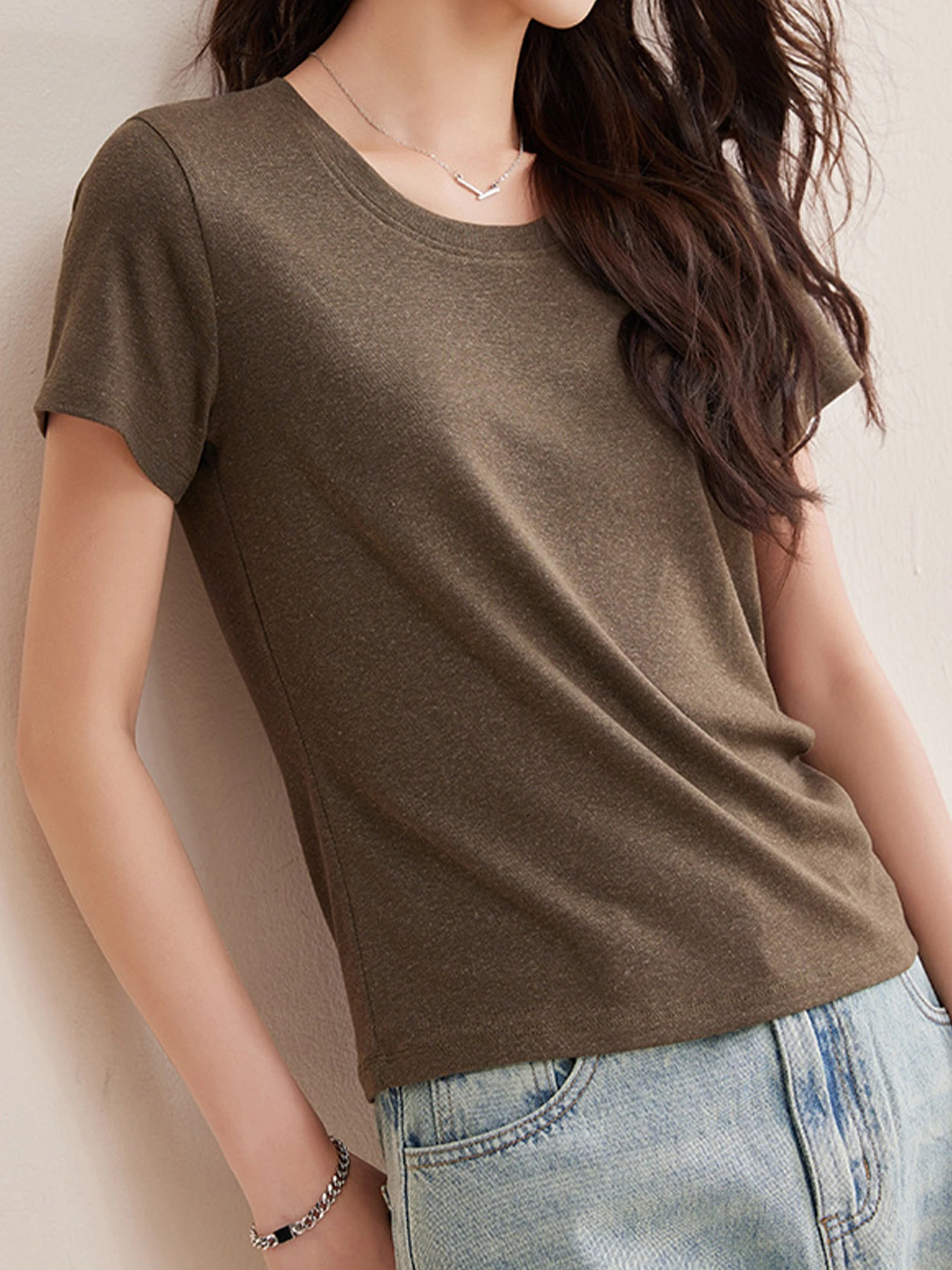 リヨセル×リネン素材すっきり見え半袖Tシャツ