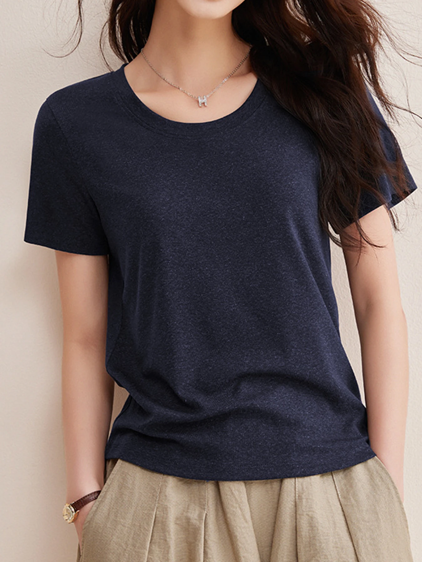 リヨセル×リネン素材すっきり見え半袖Tシャツ