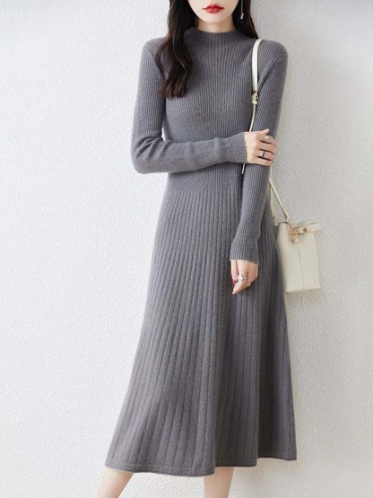 秋冬リブニットミディアムロングワンピース-Sodemai