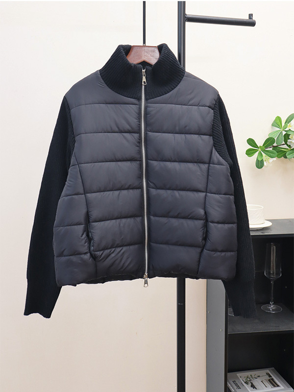 秋冬向けゆったりダブルファスナー厚手ニット切り替え中綿ジャケット