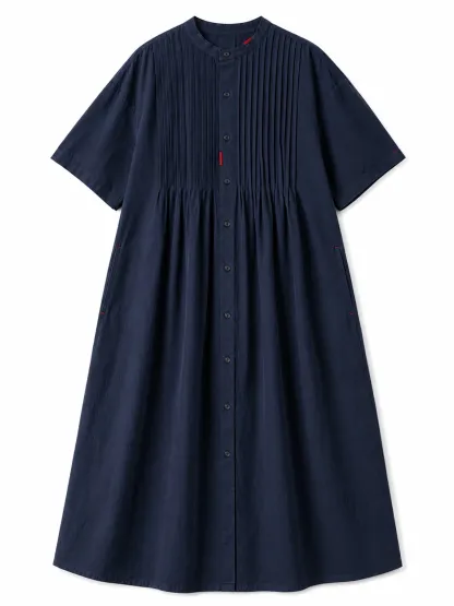 ゆったり風琴プリーツ小ぶりボタン付きコットンシャツワンピース 