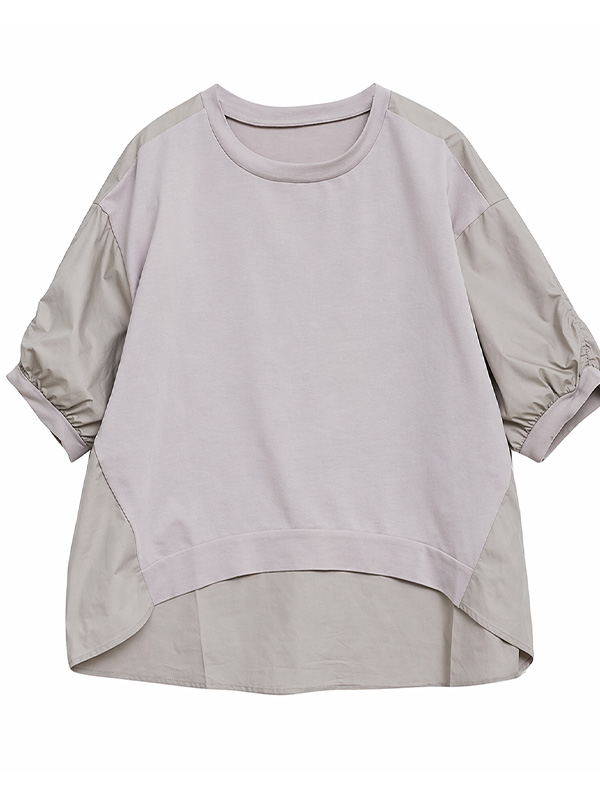 すっきり見えバルーンスリーブイレギュラーヘム切り替え五分袖Tシャツ