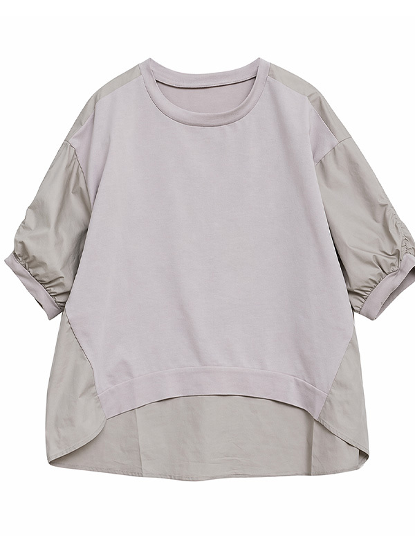 すっきり見えバルーンスリーブイレギュラーヘム切り替え五分袖Tシャツ