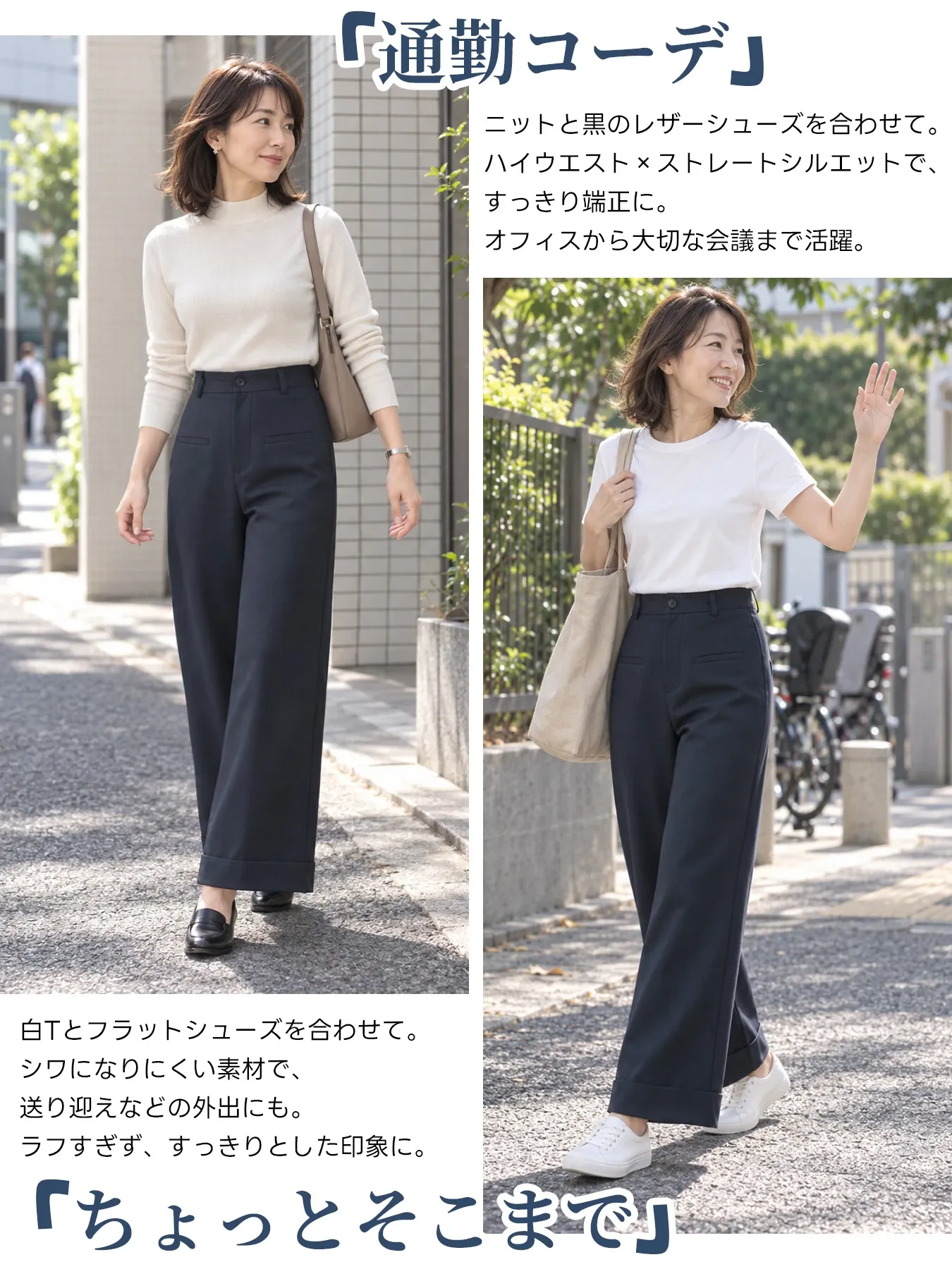 「身長145cm以上向け」通勤用ハイウエストワイドパンツ