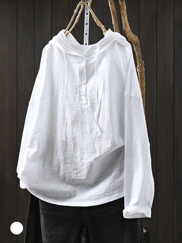 ゆったりフード付きスラブコットン長袖Tシャツ-Sodemai