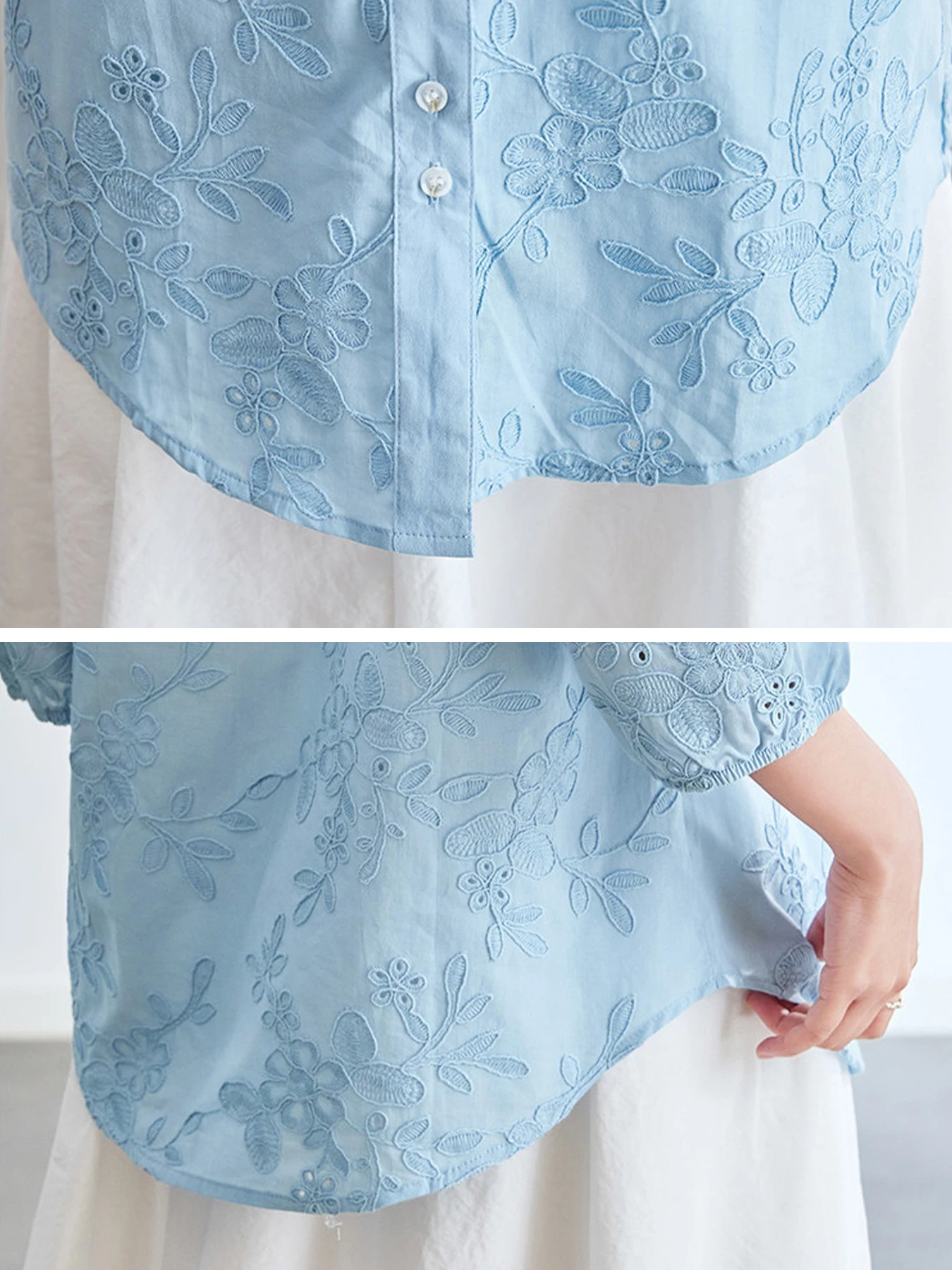 コットン100％レース刺繍入りVネックブラウス