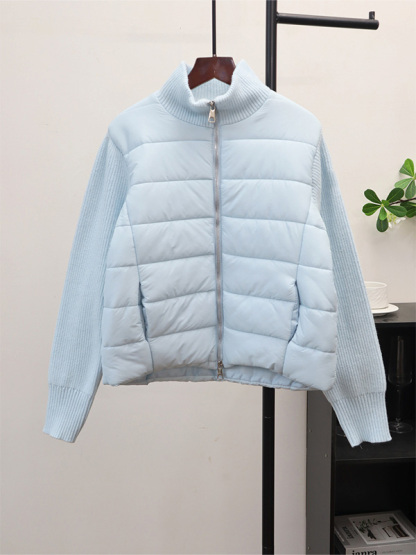 秋冬向けゆったりダブルファスナー厚手ニット切り替え中綿ジャケット