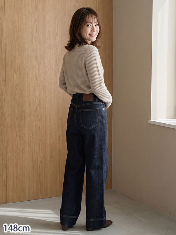 「身長148cm以上向け」小柄さん向け ハイウエストゆったりストレートデニムパンツ